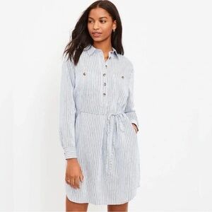 LOFT Light Blue and White Striped Long Sleeve Shirt Dress